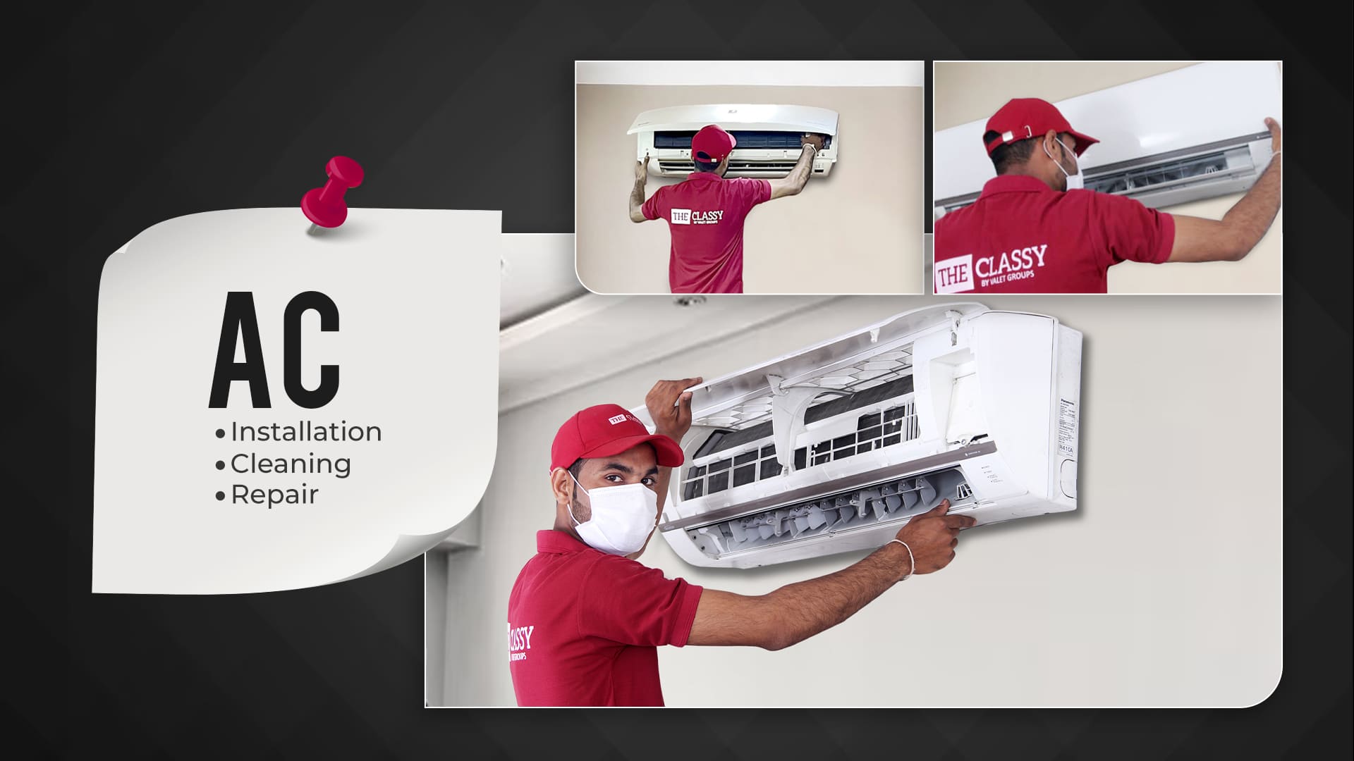 Technician repairing air conditioner unit in indore home